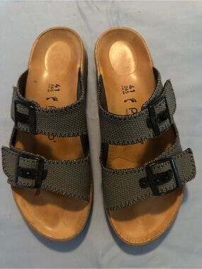 Papillio by Birkenstock Gray Double-Strap Slide Sandals with Black Buckles